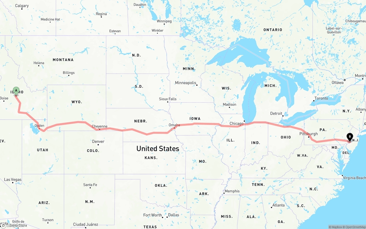 Shipping route from Idaho to Port of Philadelphia