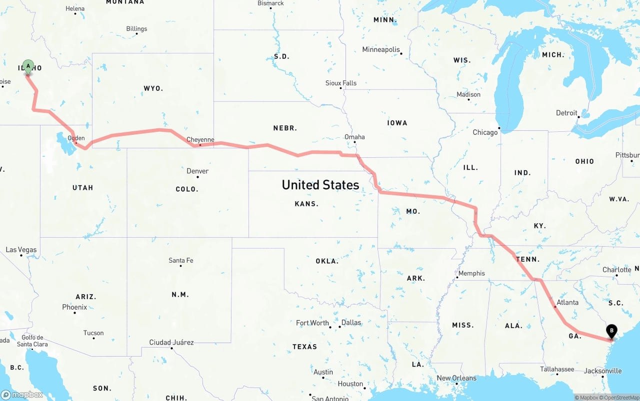 Shipping route from Idaho to Port of Savannah