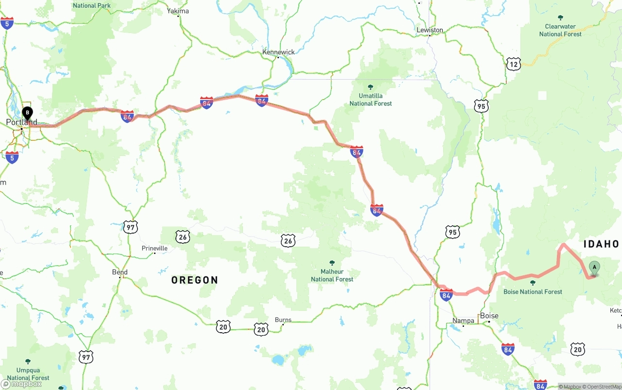 Shipping route from Idaho to Portland International Airport