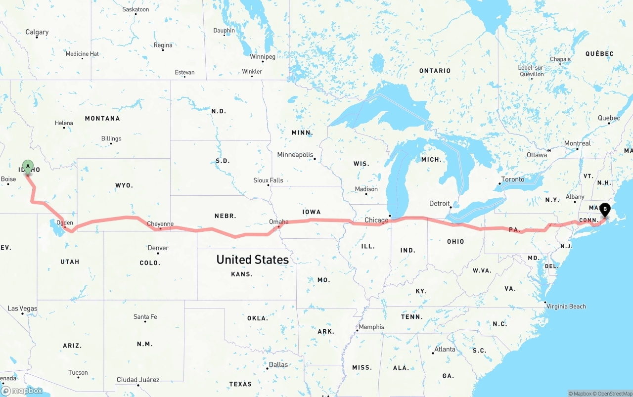 Shipping route from Idaho to Rhode Island