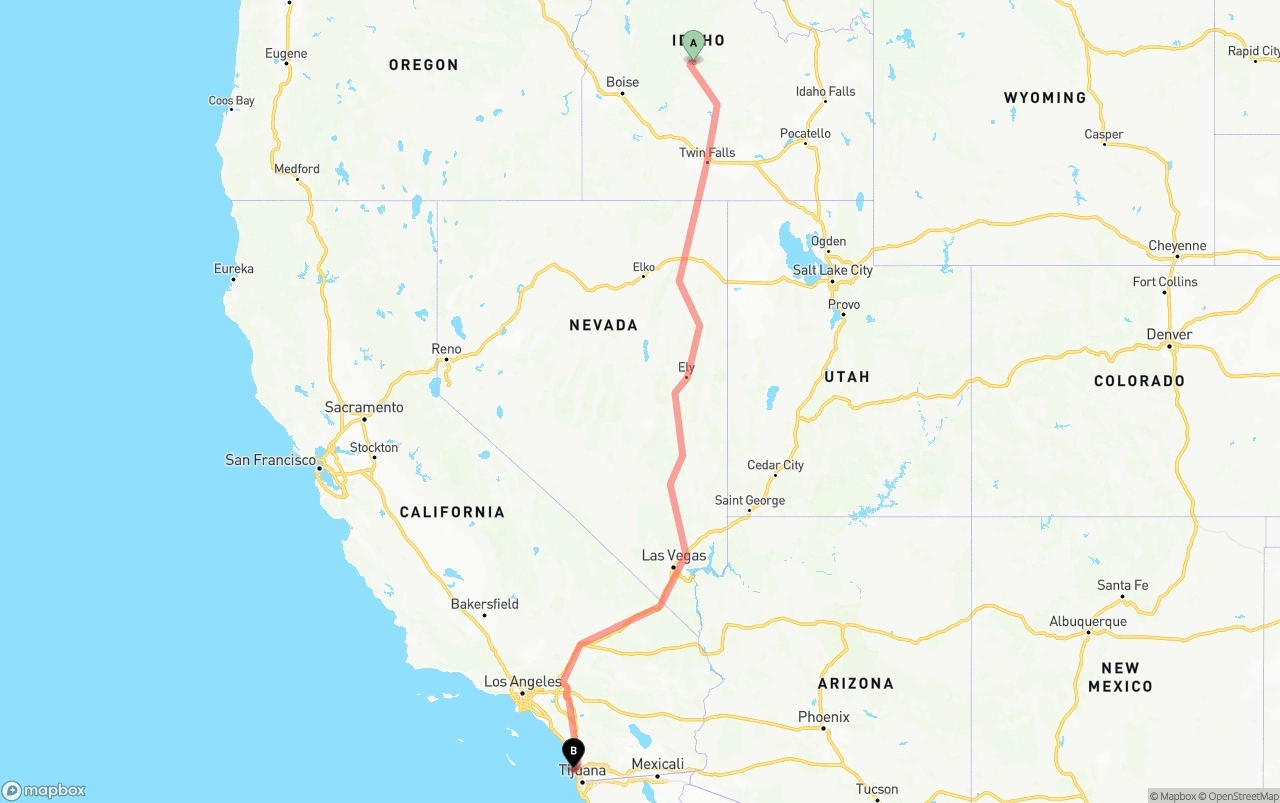 Shipping route from Idaho to San Diego International Airport