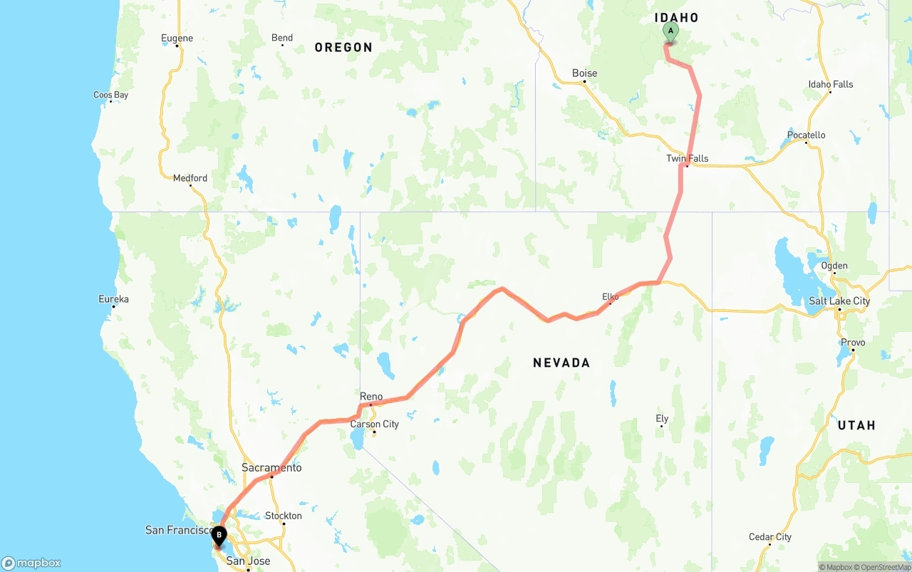 Shipping route from Idaho to San Francisco International Airport