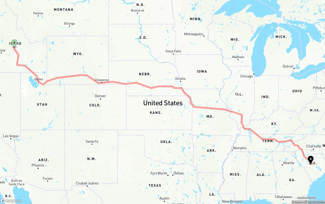 Shipping route from Idaho to South Carolina