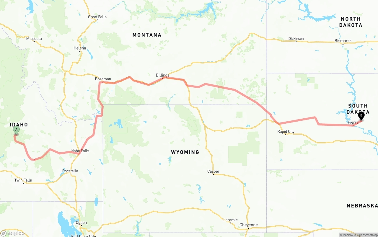 Shipping route from Idaho to South Dakota