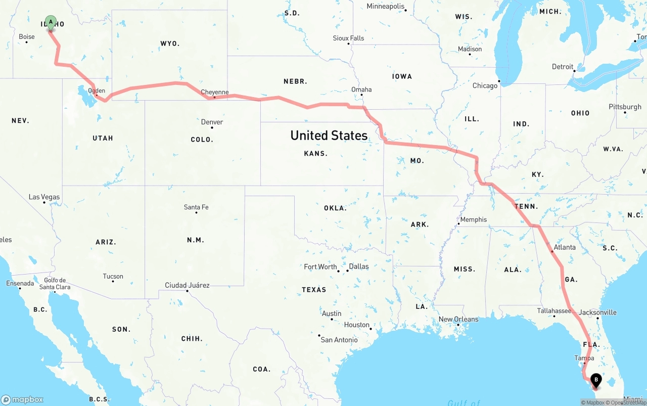 Shipping route from Idaho to Southwest Florida International Airport
