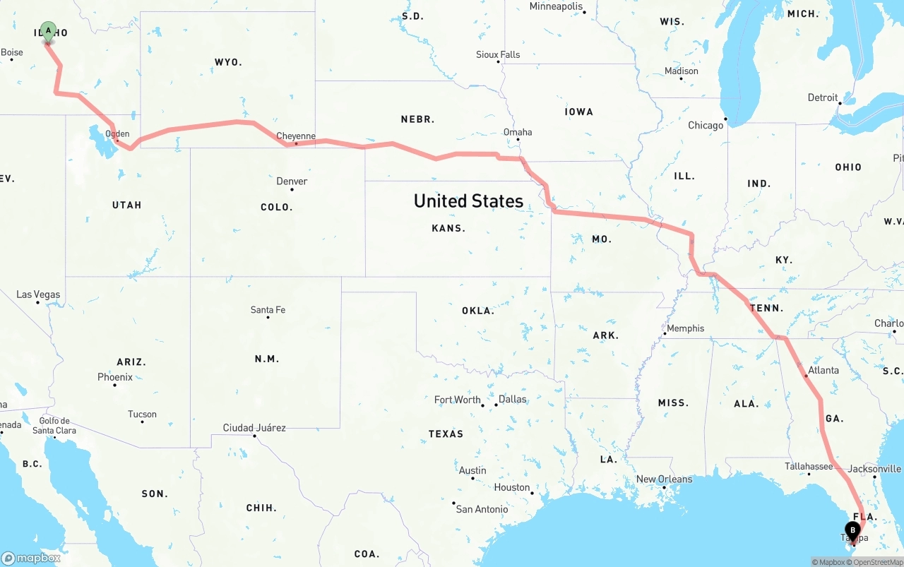 Shipping route from Idaho to Tampa International Airport