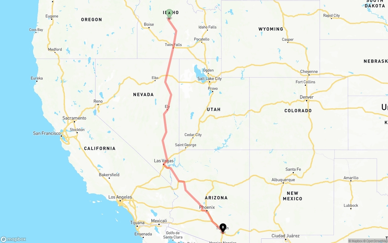 Shipping route from Idaho to Tucson International Airport