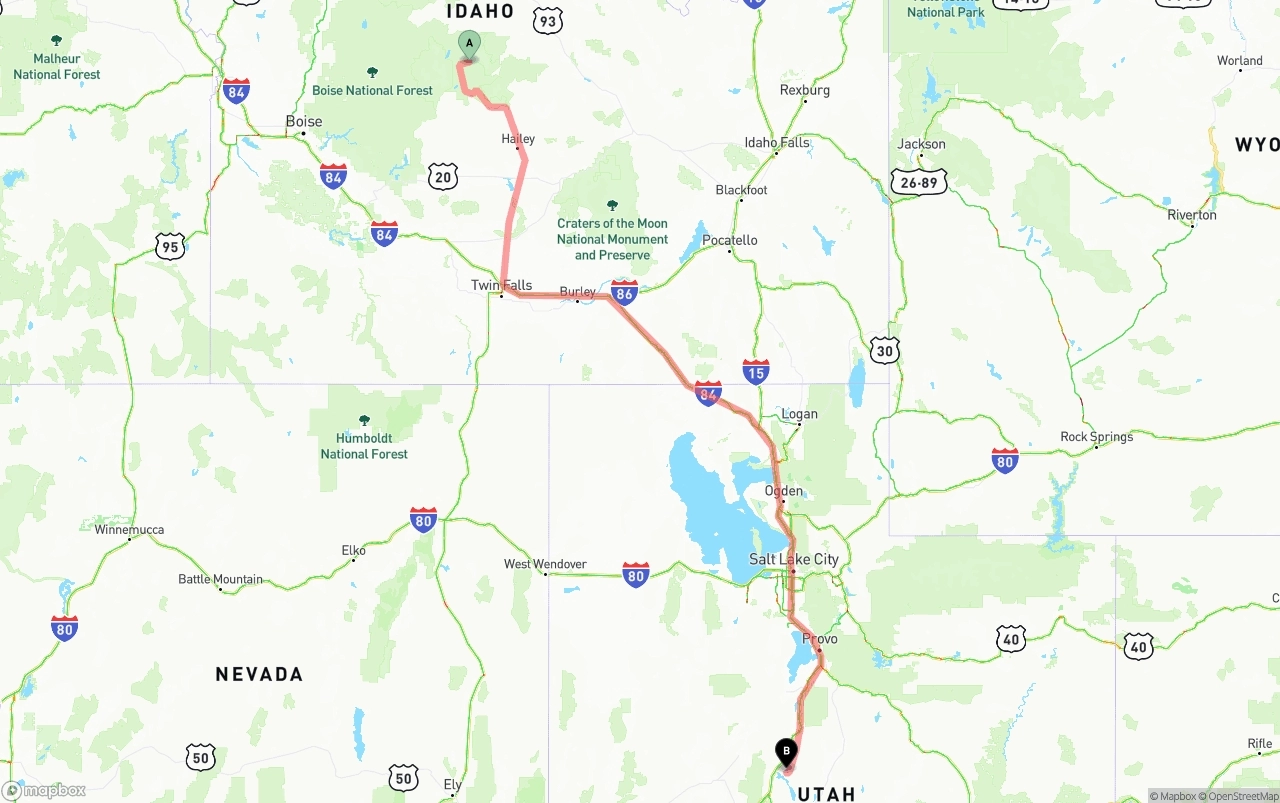 Shipping route from Idaho to Utah