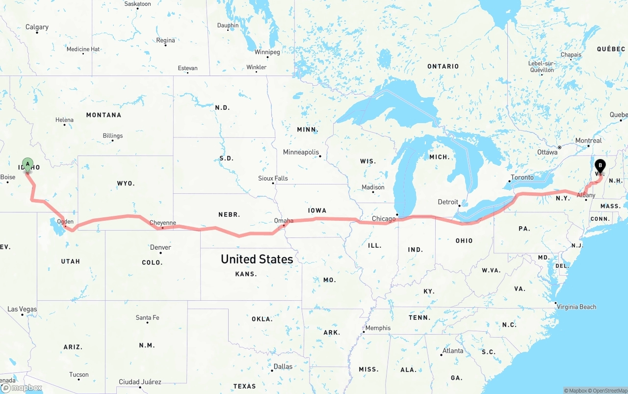 Shipping route from Idaho to Vermont