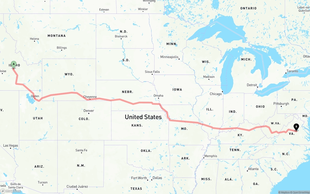 Shipping route from Idaho to Virginia
