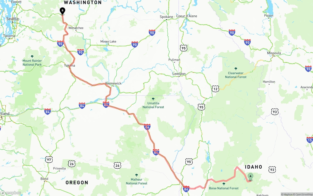 Shipping route from Idaho to Washington