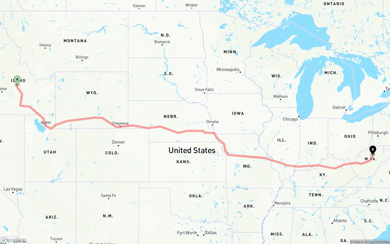 Shipping route from Idaho to West Virginia