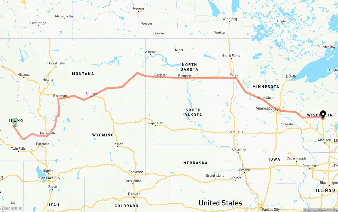 Shipping route from Idaho to Wisconsin