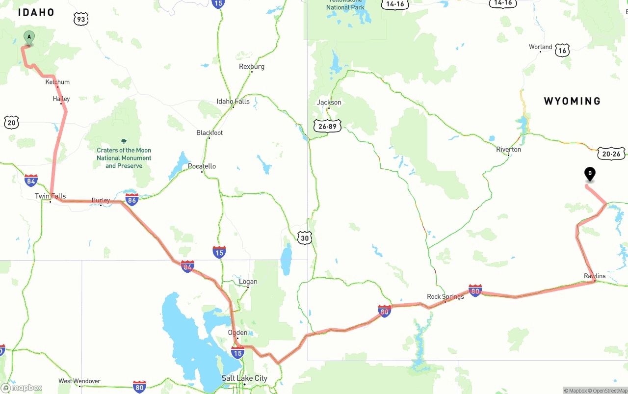 Shipping route from Idaho to Wyoming