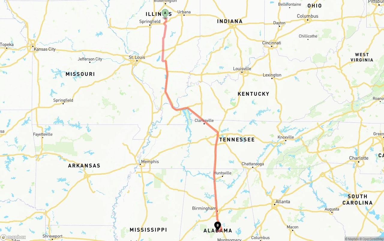 Shipping route from Illinois to Alabama