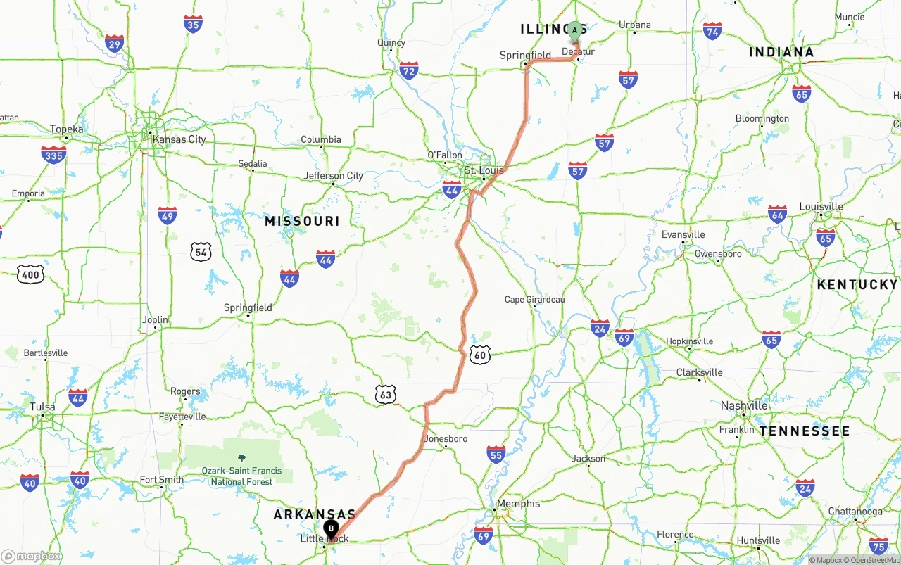 Shipping route from Illinois to Arkansas