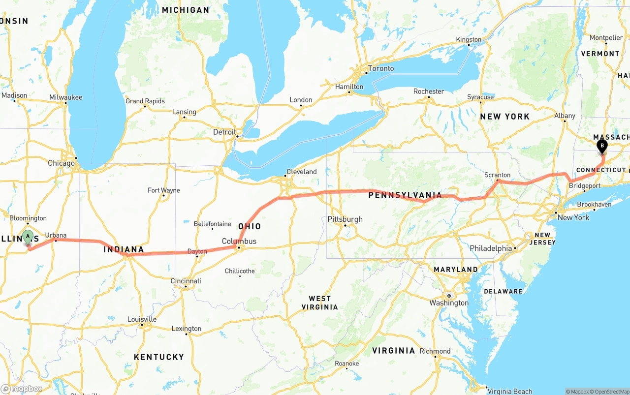 Shipping route from Illinois to Bradley International Airport