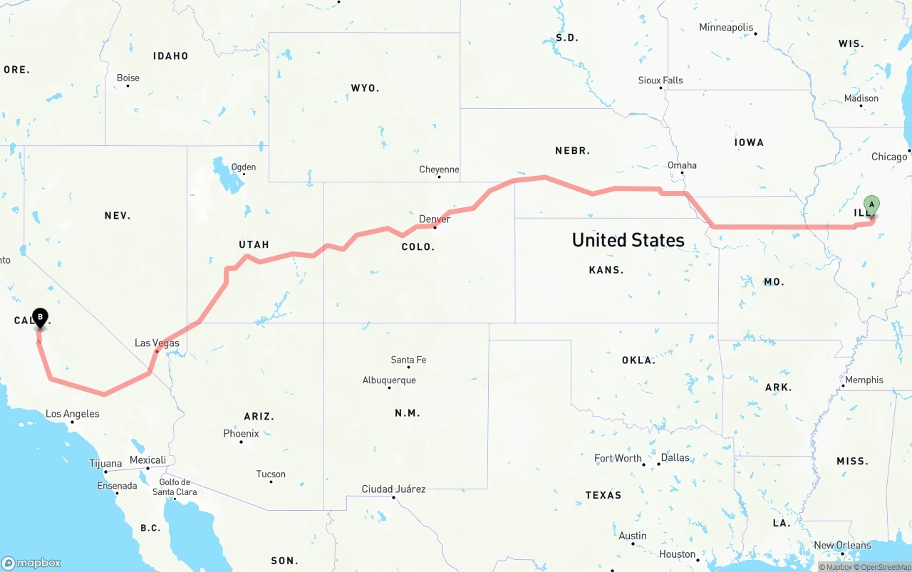 Shipping route from Illinois to California