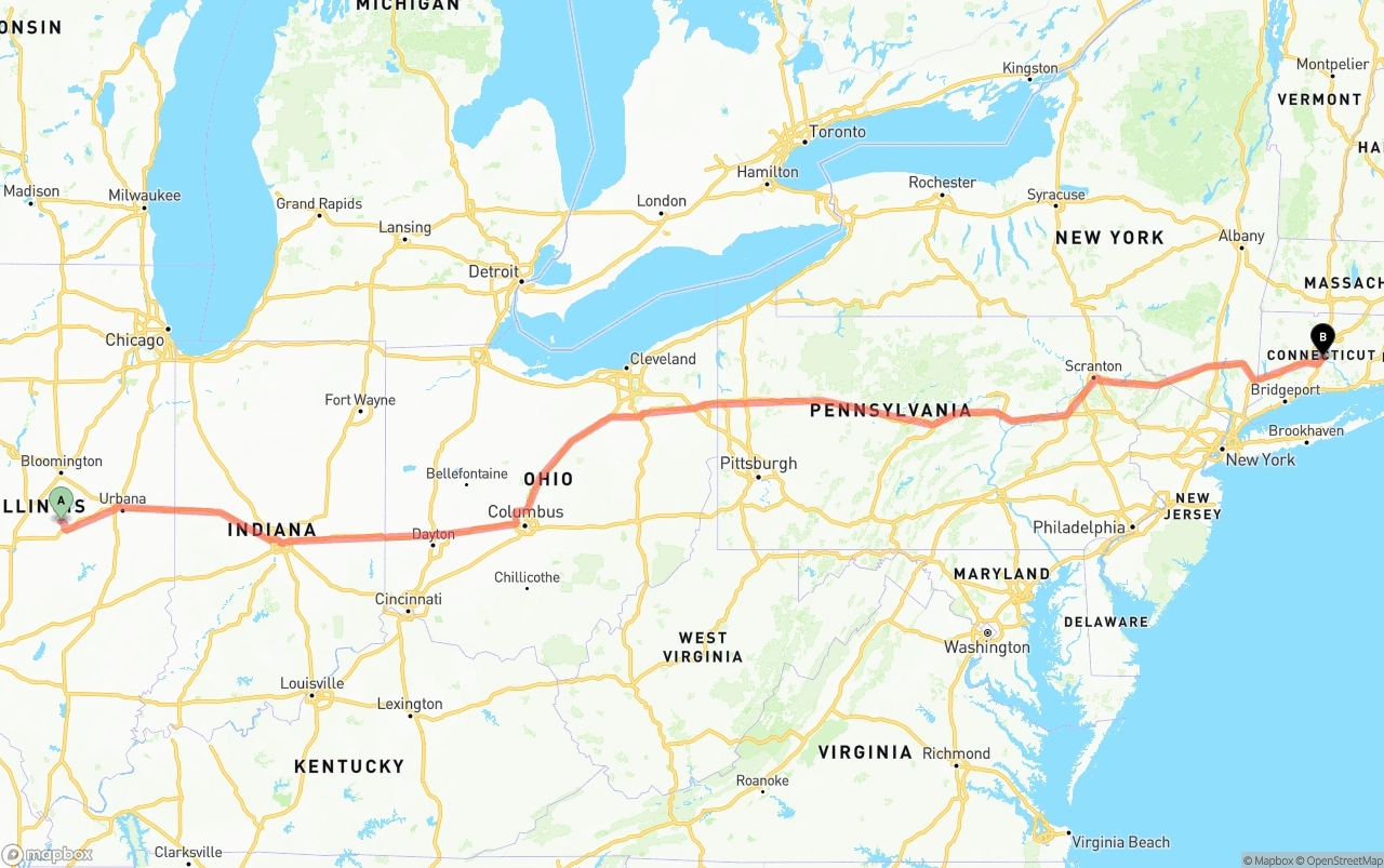 Shipping route from Illinois to Connecticut