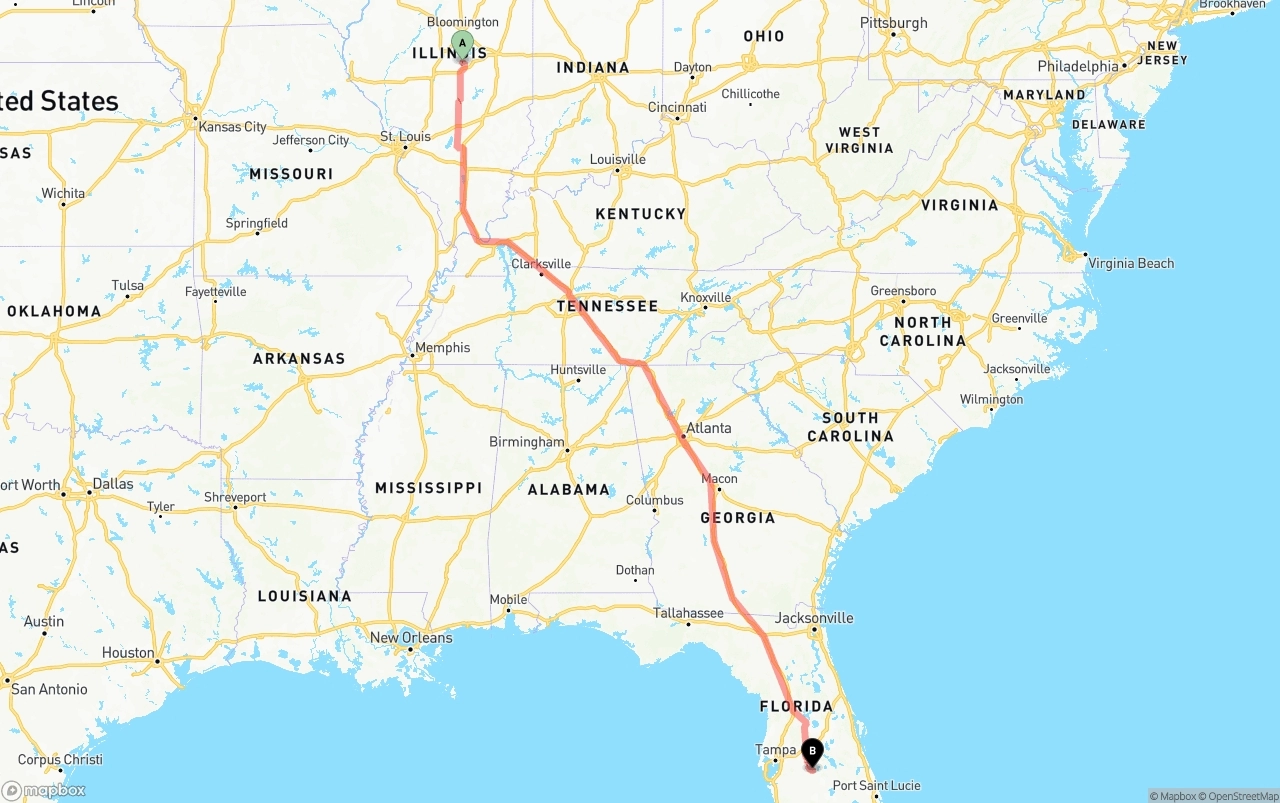 Shipping route from Illinois to Florida