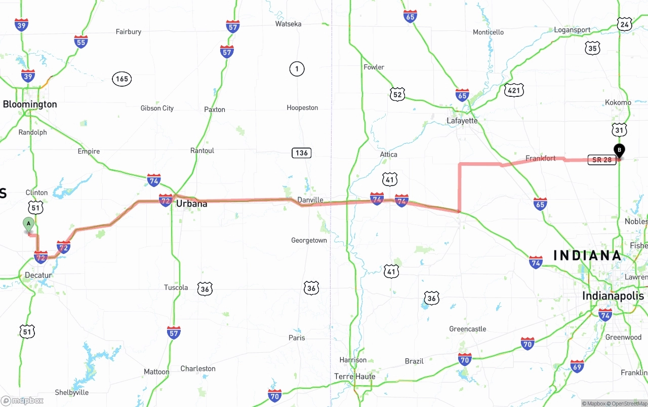 Shipping route from Illinois to Indiana