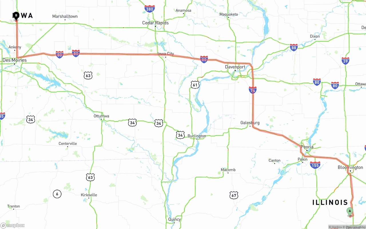 Shipping route from Illinois to Iowa