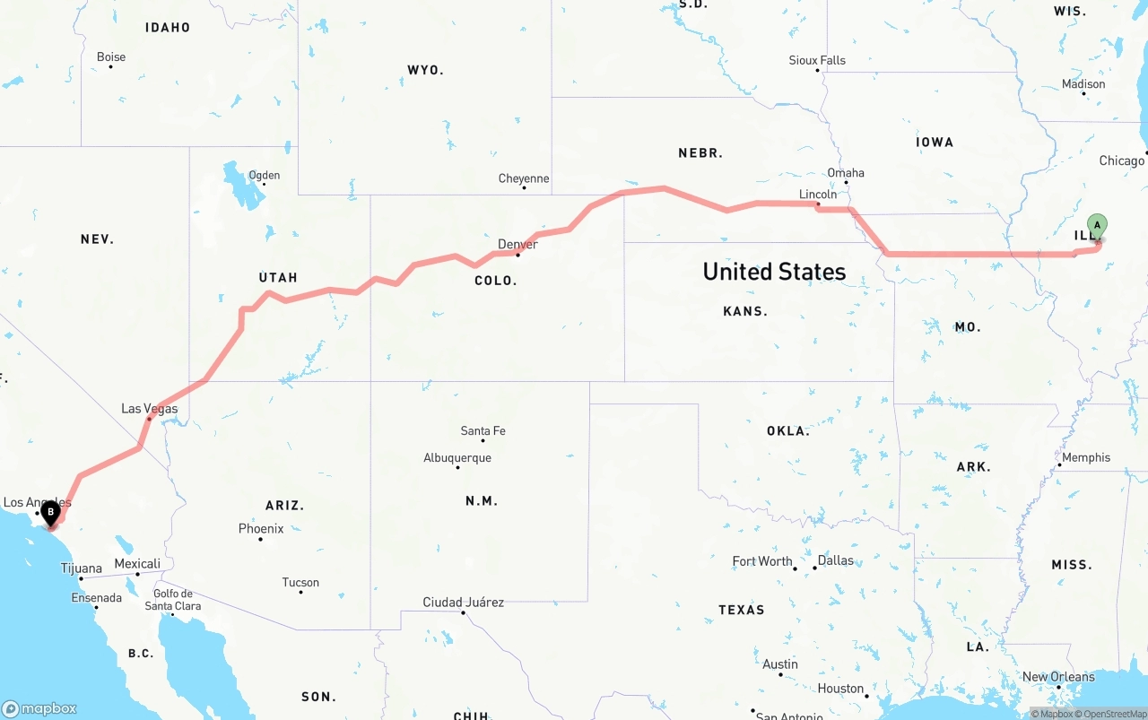 Shipping route from Illinois to John Wayne Airport — Orange County
