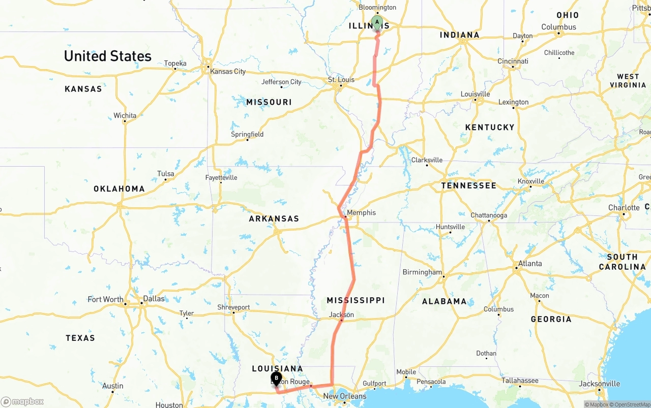 Shipping route from Illinois to Louisiana