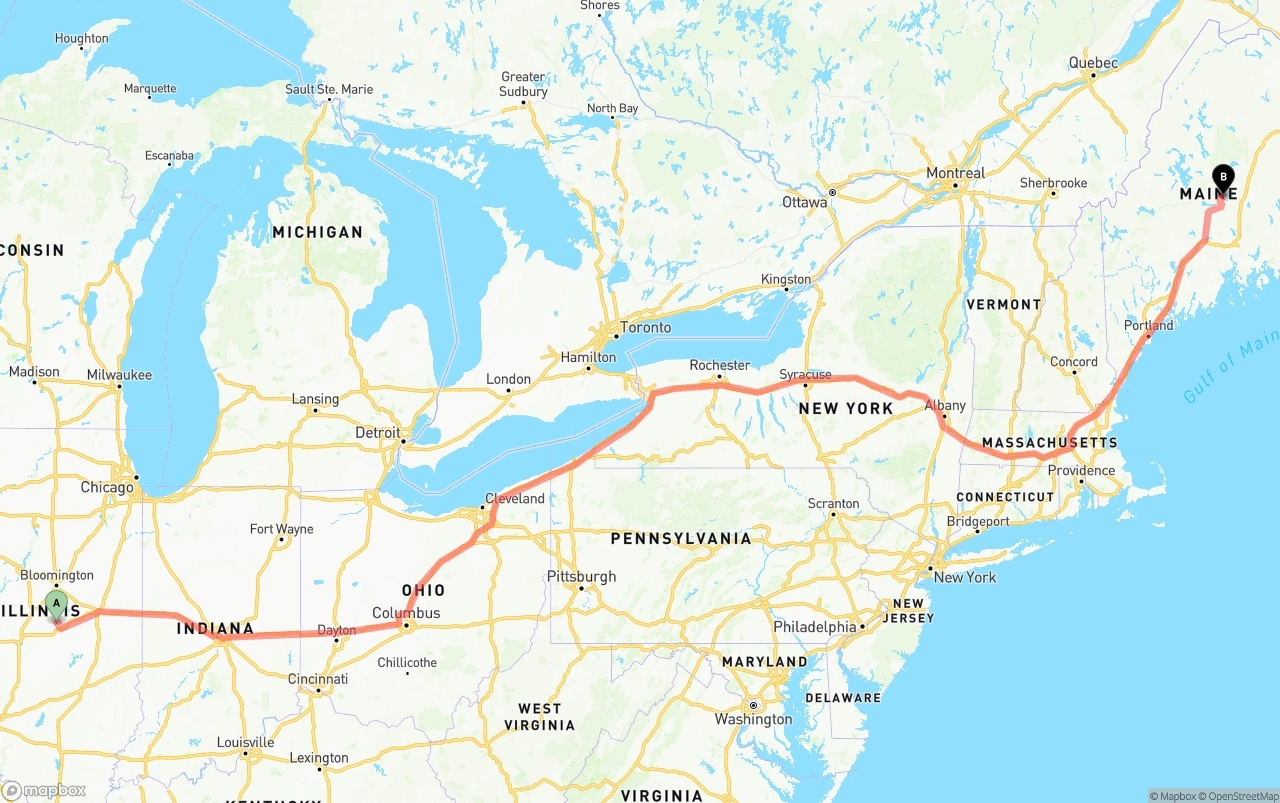 Shipping route from Illinois to Maine