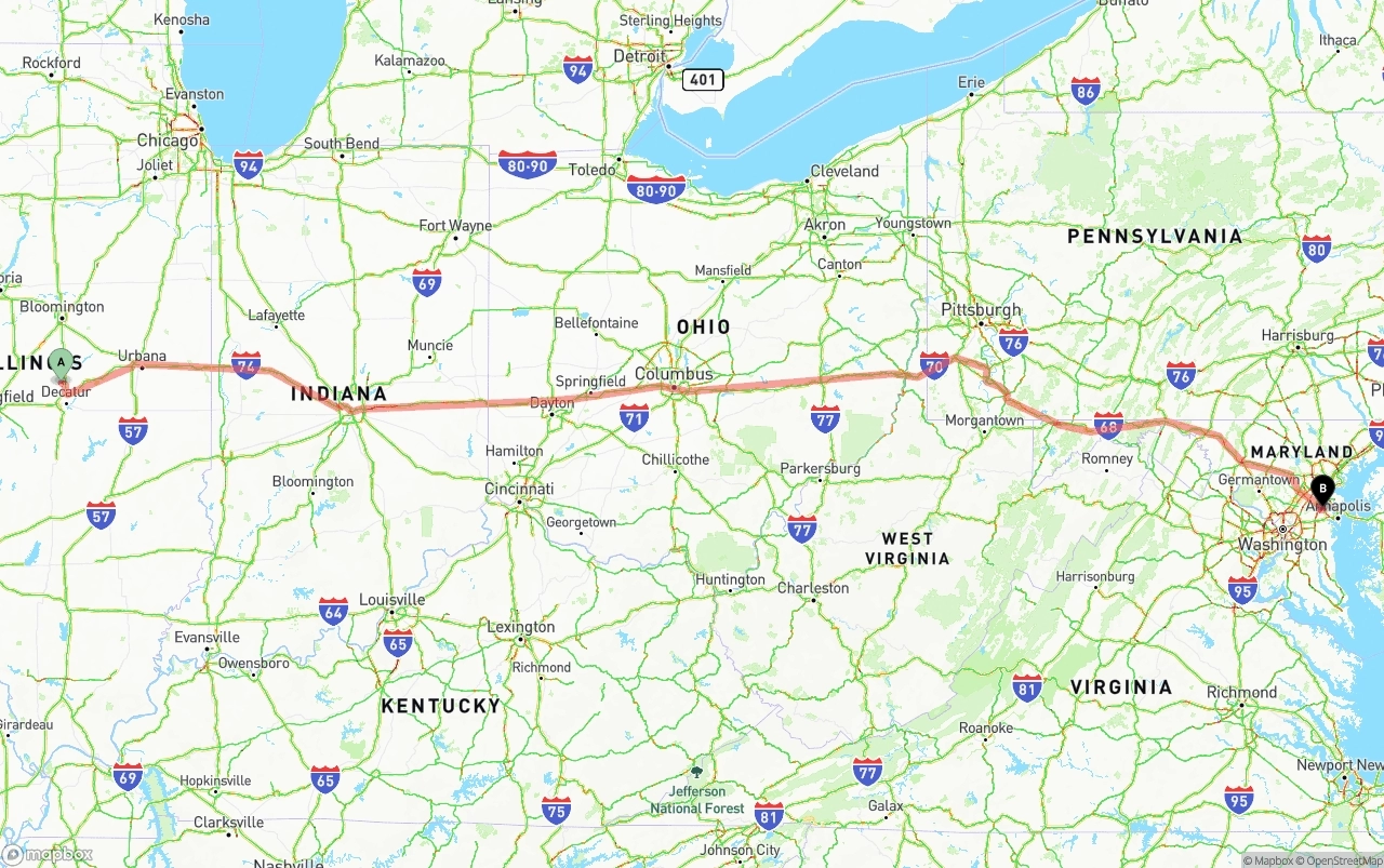 Shipping route from Illinois to Maryland