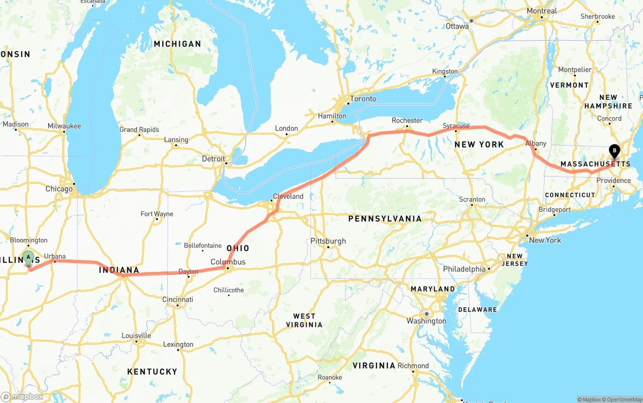 Shipping route from Illinois to Massachusetts