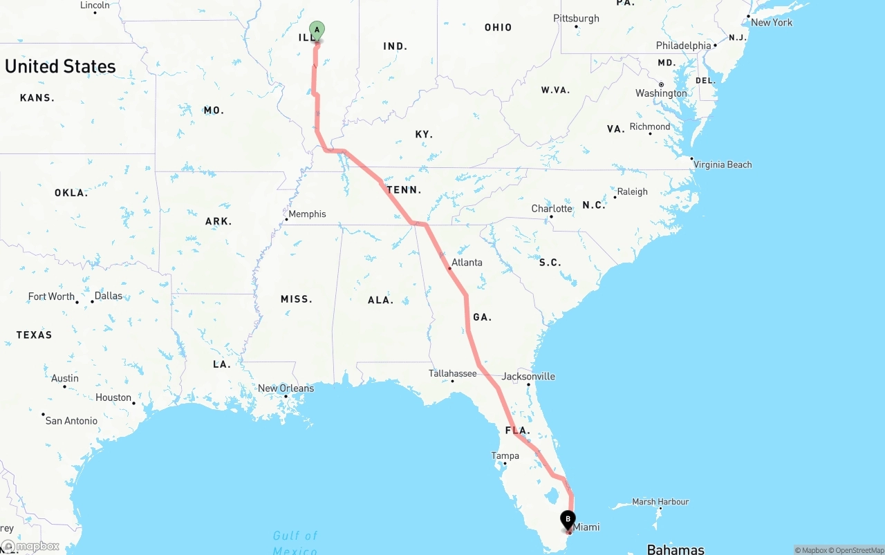 Shipping route from Illinois to Miami International Airport