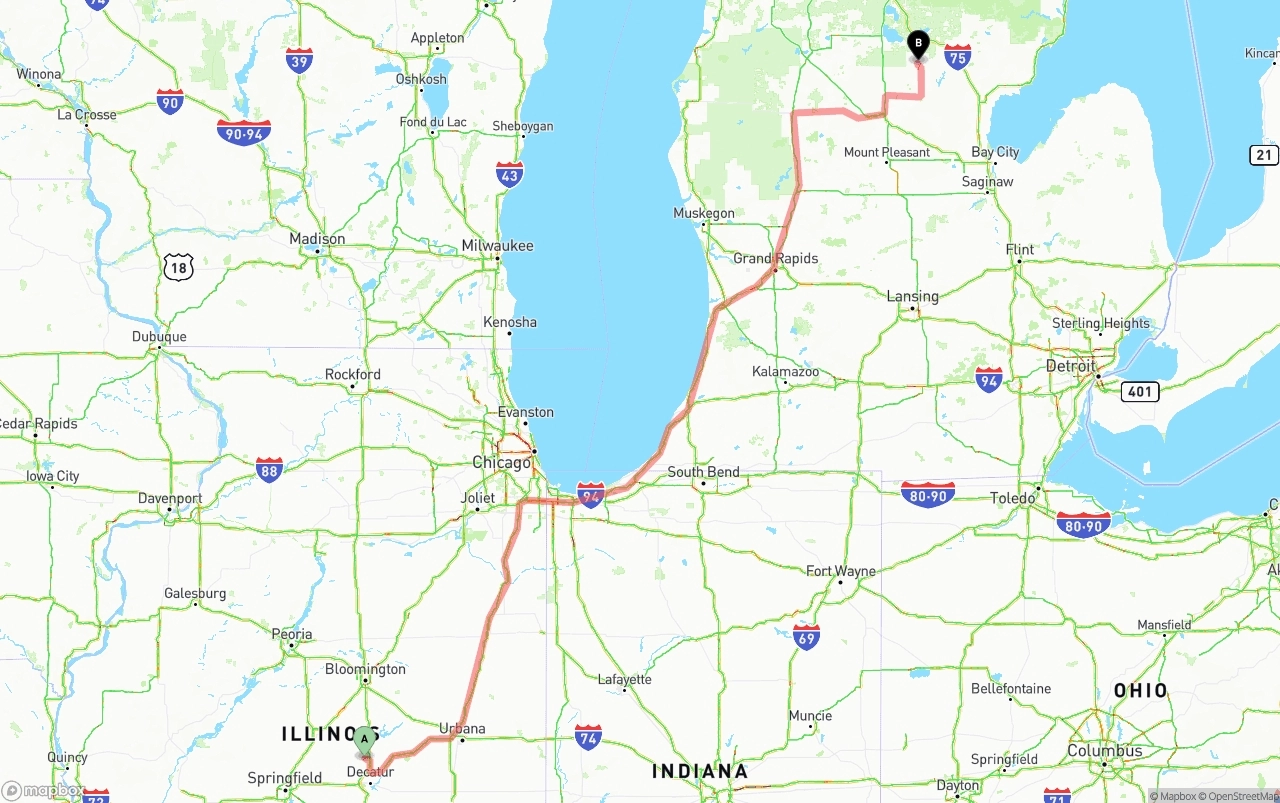 Shipping route from Illinois to Michigan