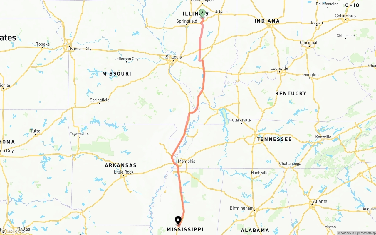 Shipping route from Illinois to Mississippi
