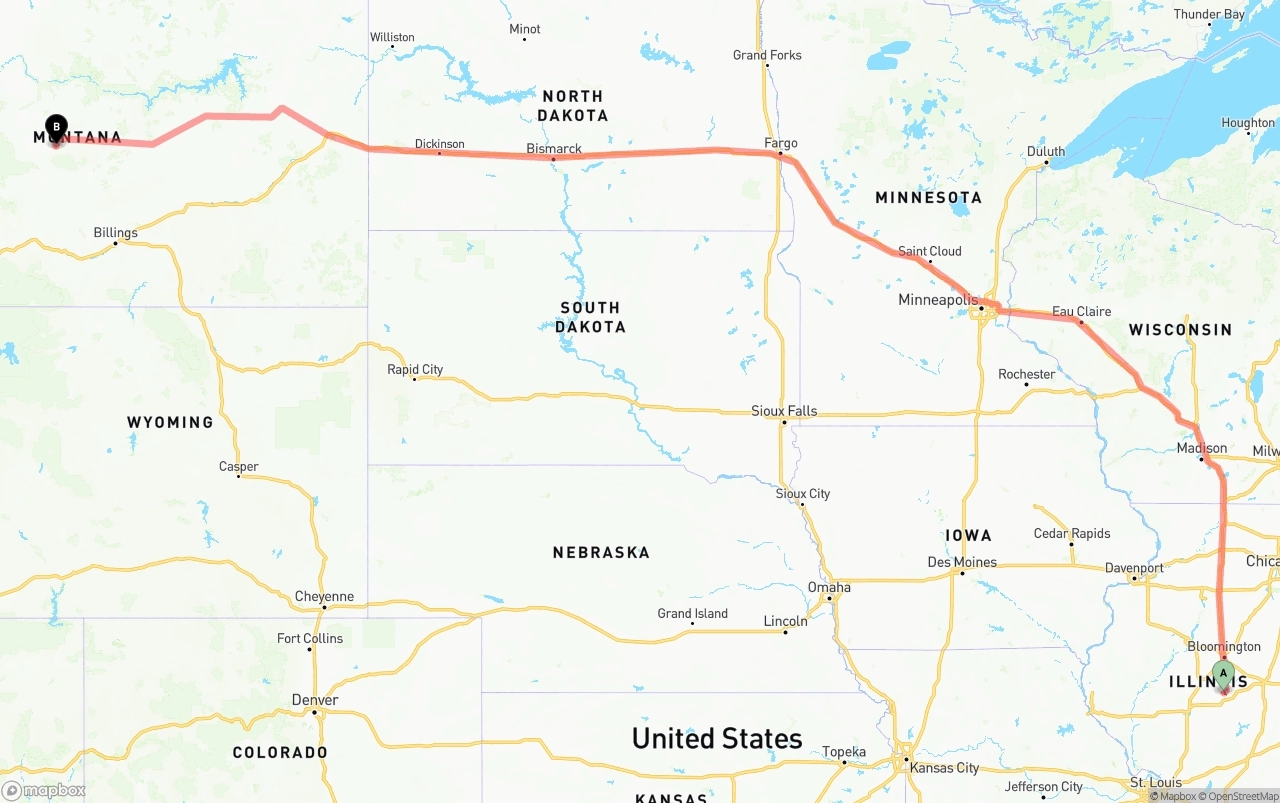 Shipping route from Illinois to Montana