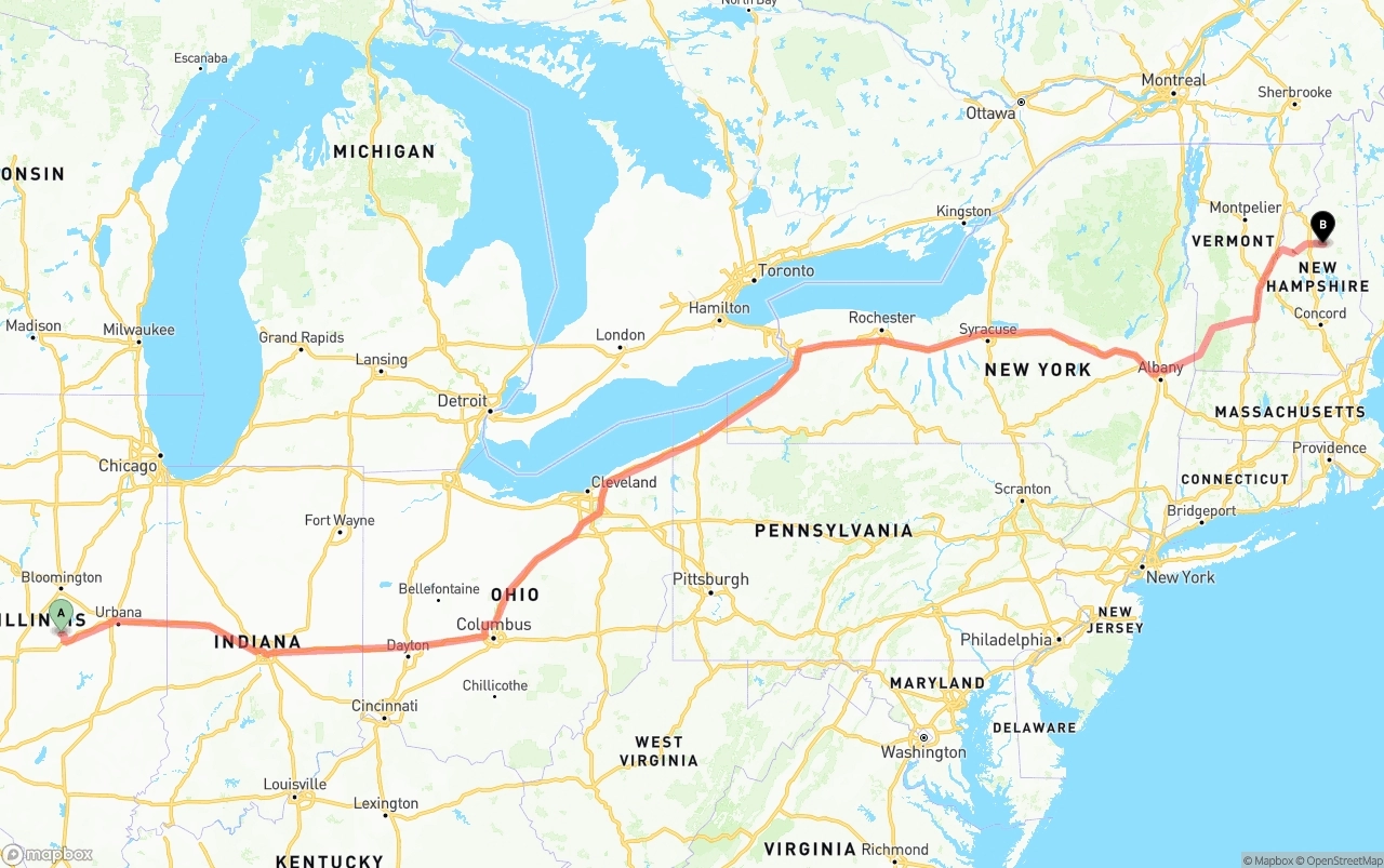 Shipping route from Illinois to New Hampshire