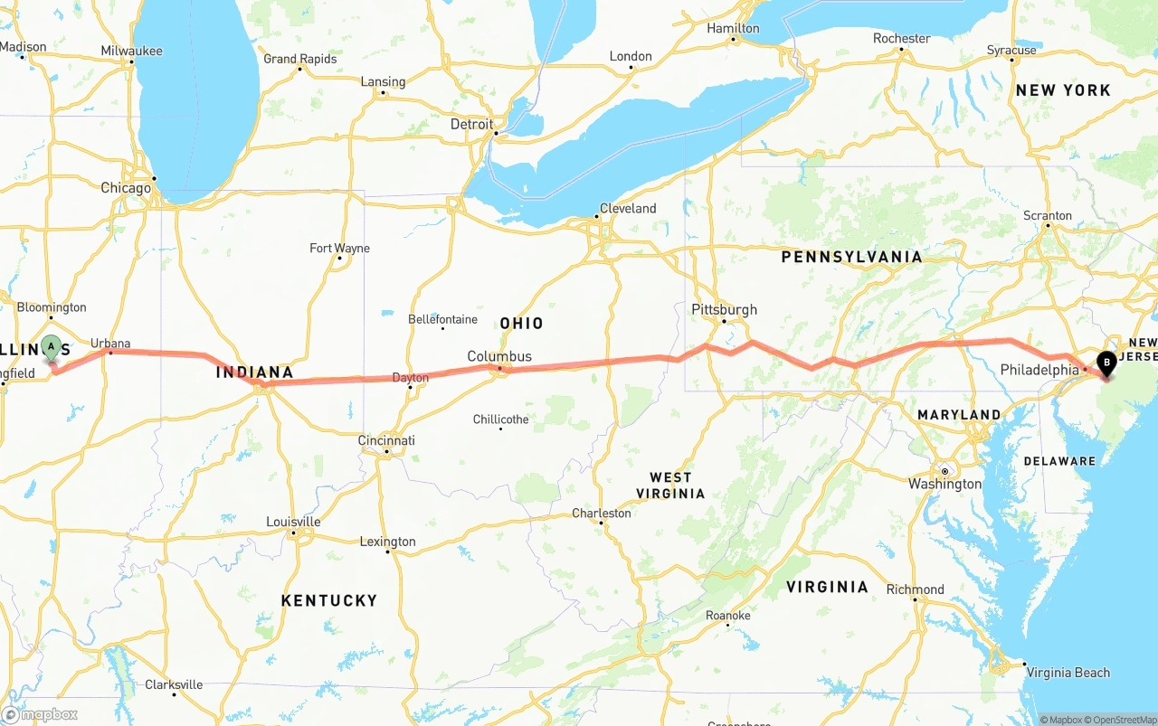Shipping route from Illinois to New Jersey