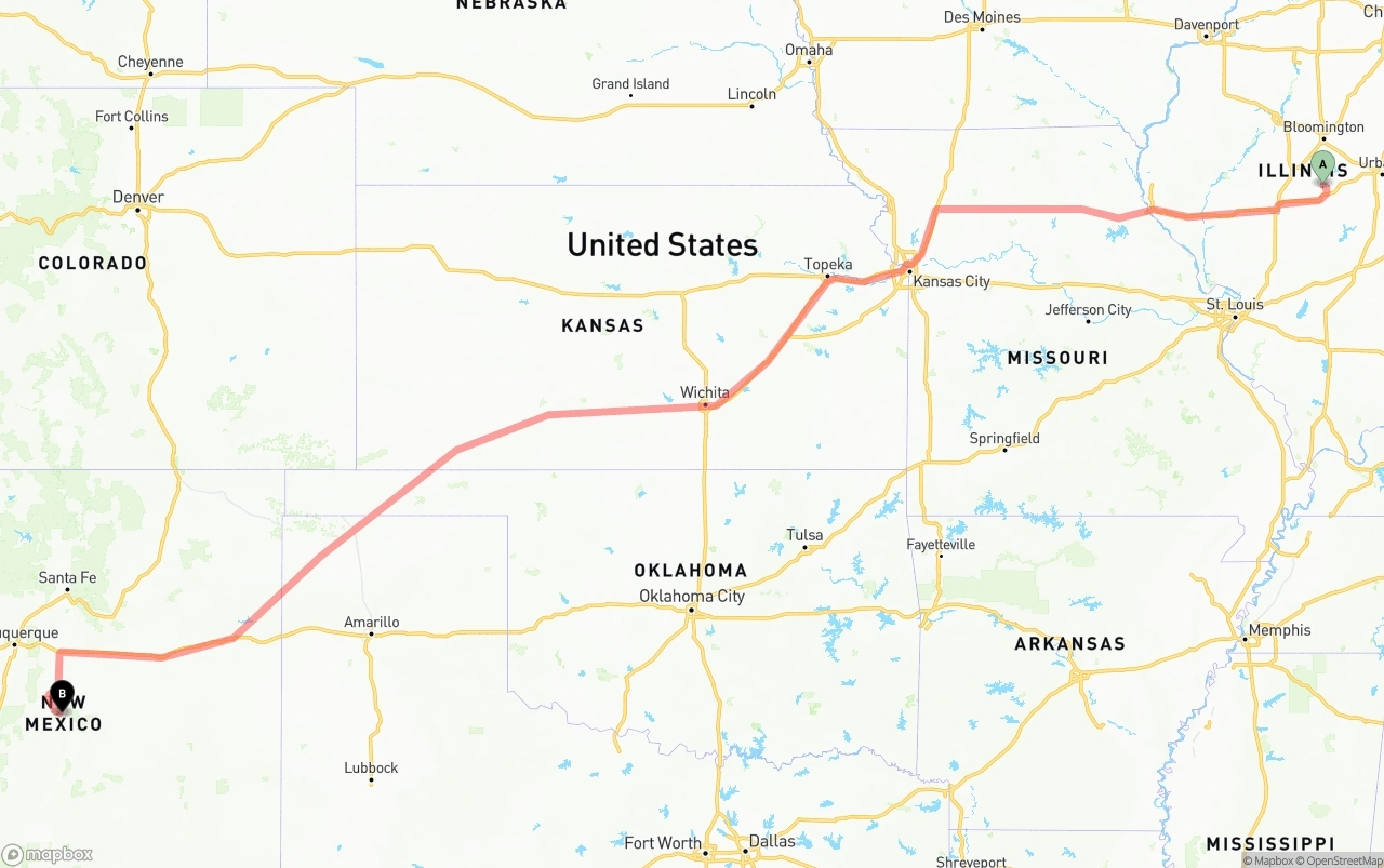 Shipping route from Illinois to New Mexico