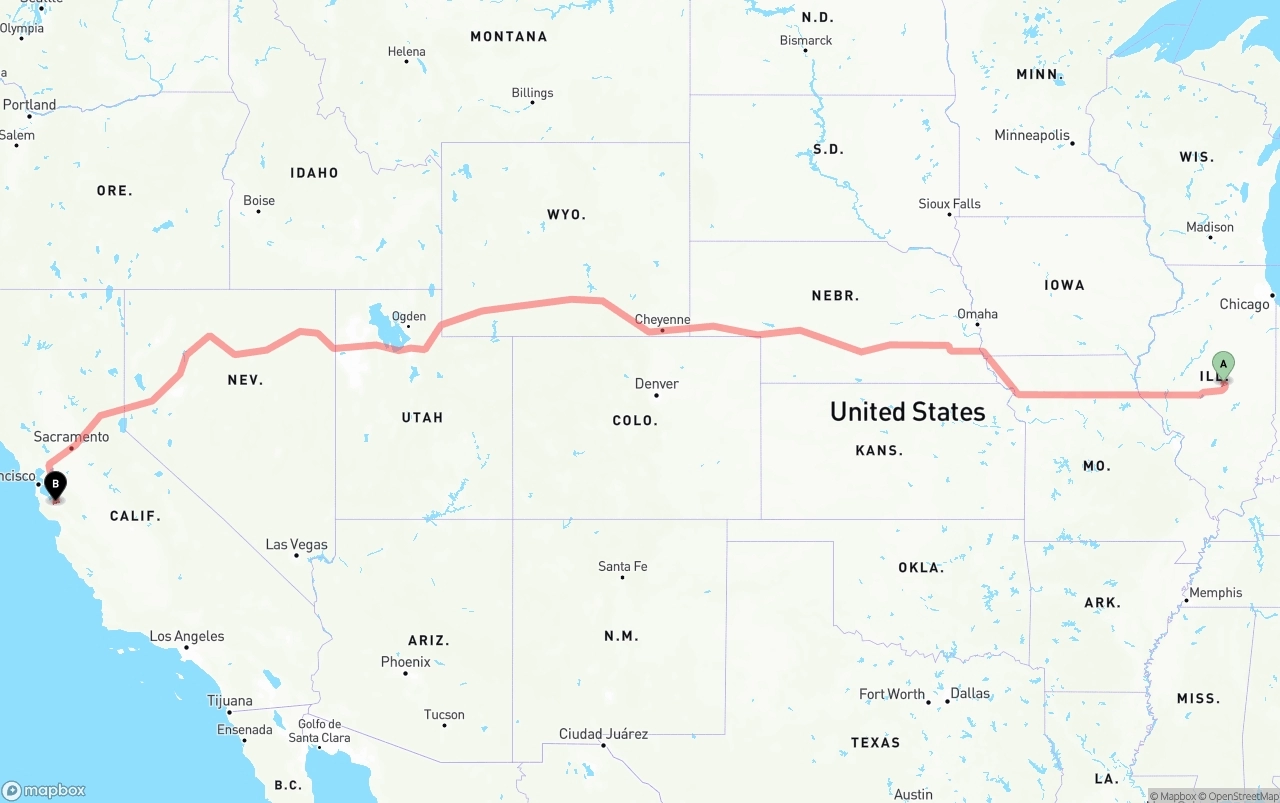 Shipping route from Illinois to Norman Y. Mineta San Jose International Airport