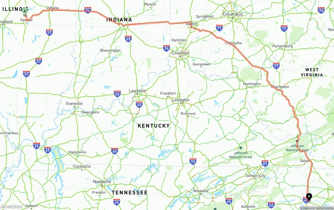 Shipping route from Illinois to North Carolina
