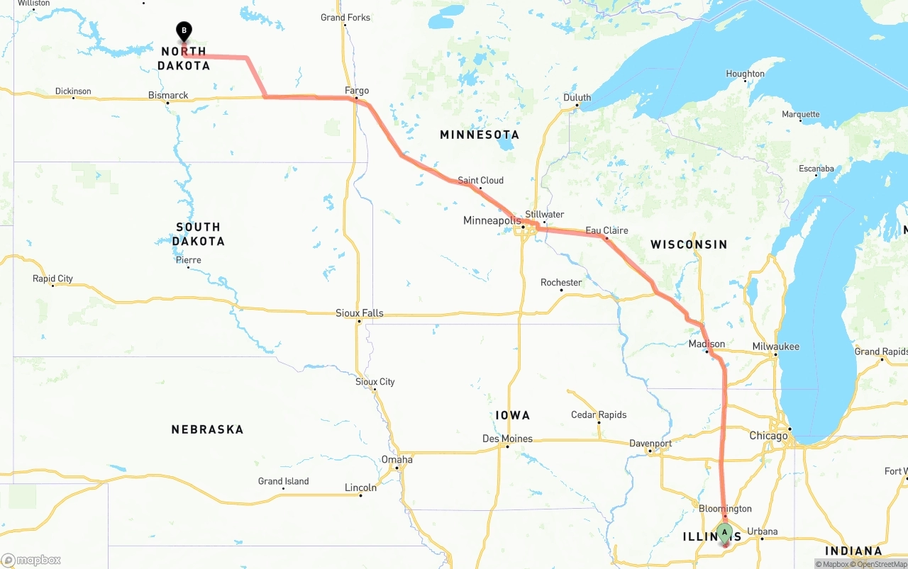 Shipping route from Illinois to North Dakota