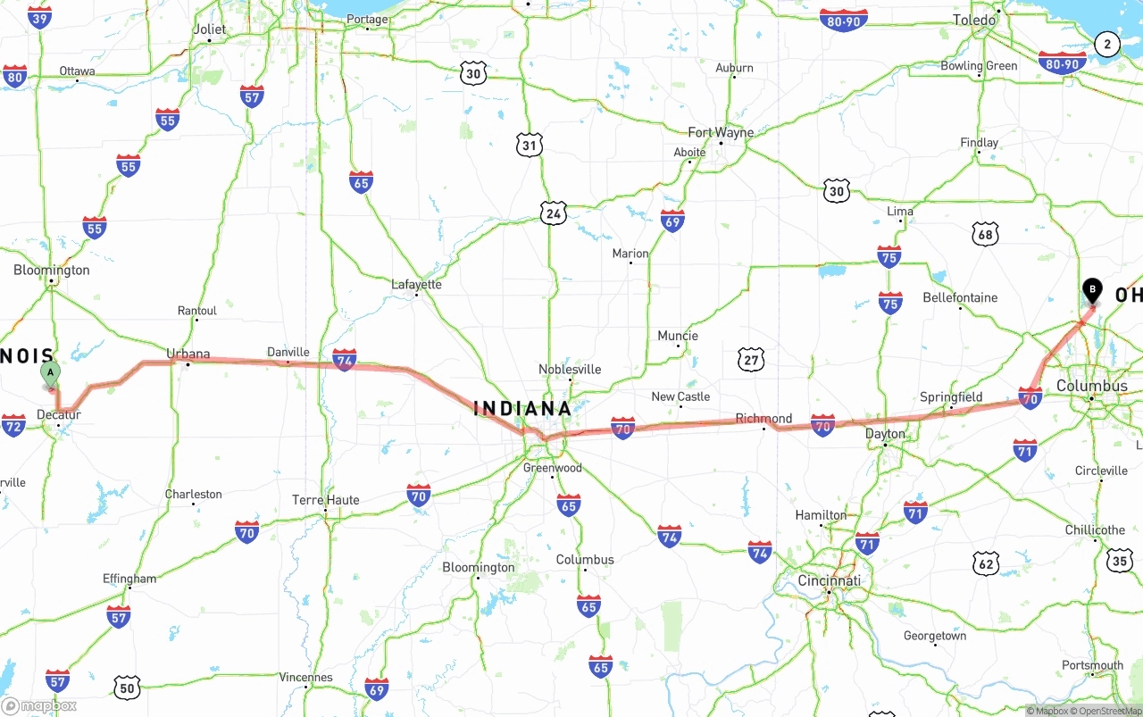 Shipping route from Illinois to Ohio