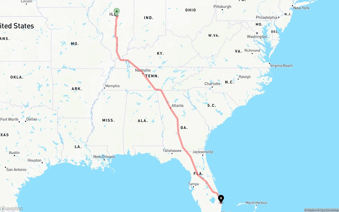 Shipping route from Illinois to Palm Beach International Airport