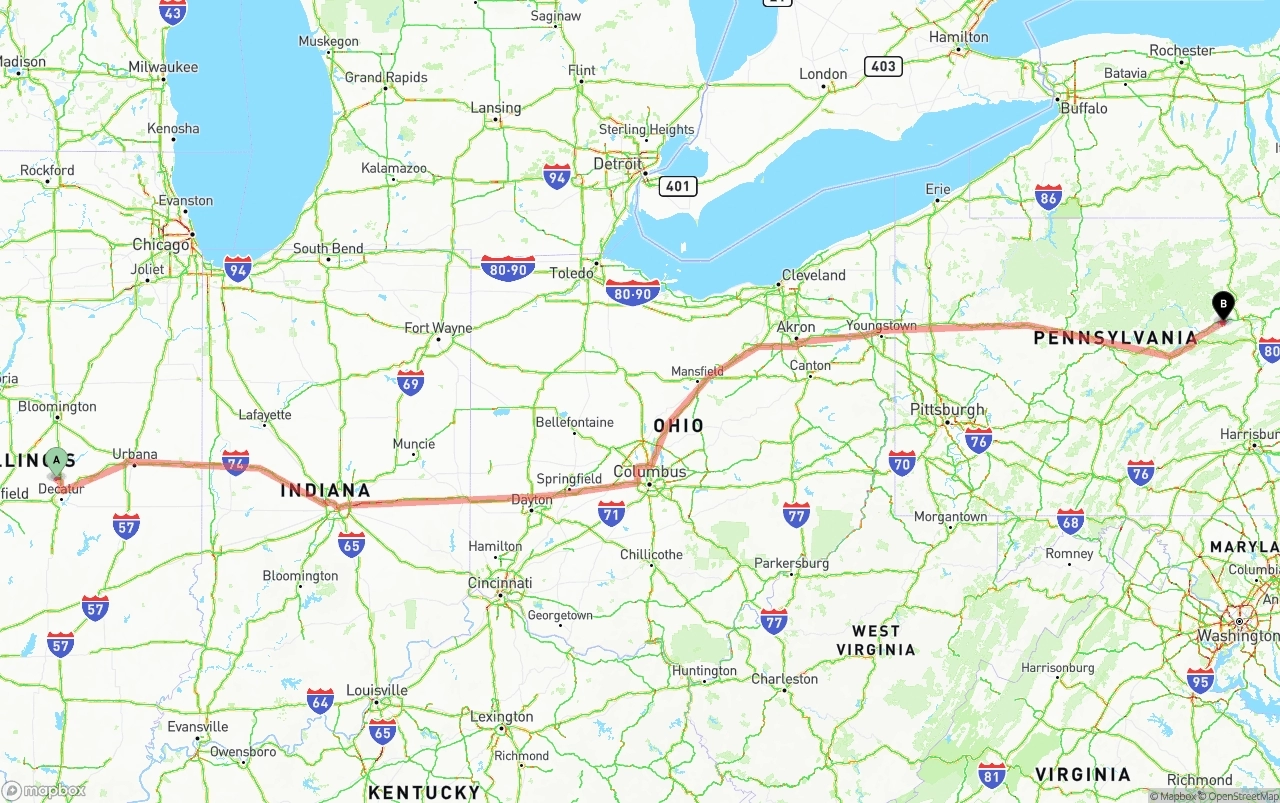 Shipping route from Illinois to Pennsylvania