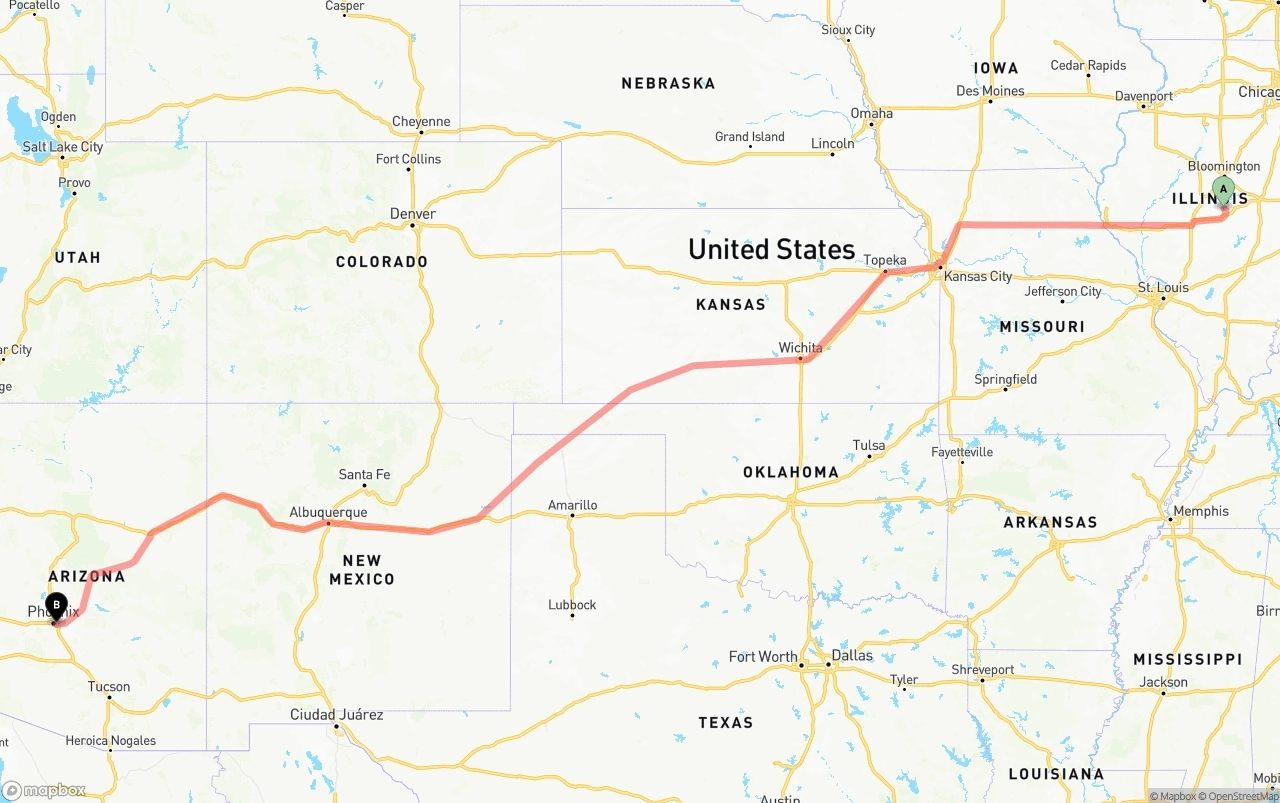 Shipping route from Illinois to Phoenix Sky Harbor International Airport
