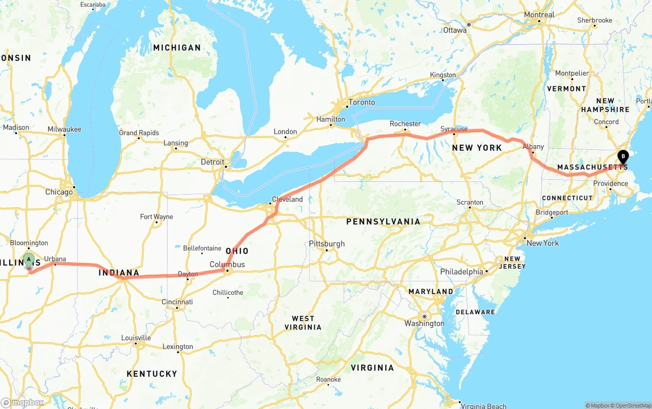 Shipping route from Illinois to Port of Boston