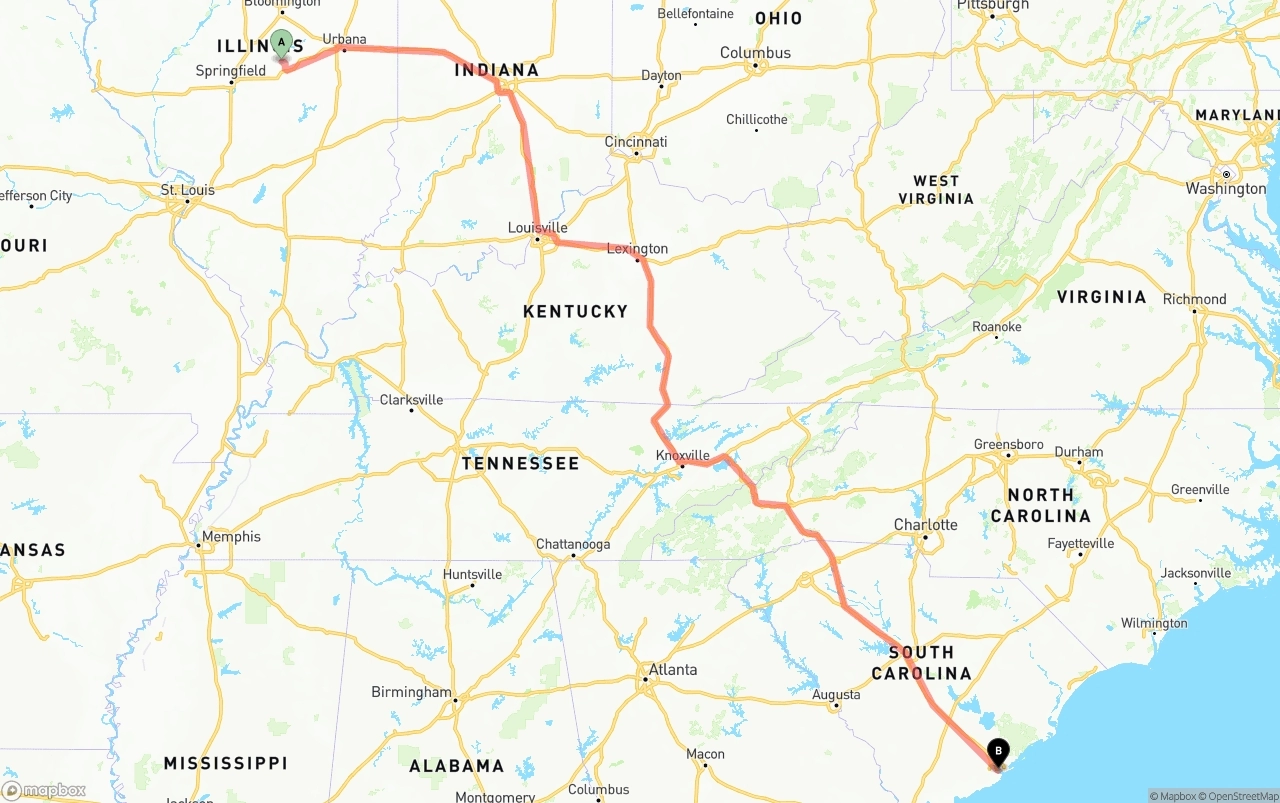 Shipping route from Illinois to Port of Charleston