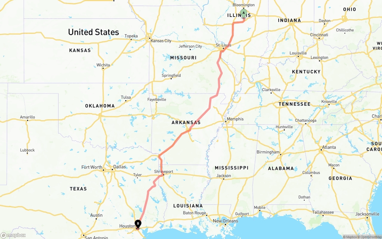 Shipping route from Illinois to Port of Houston
