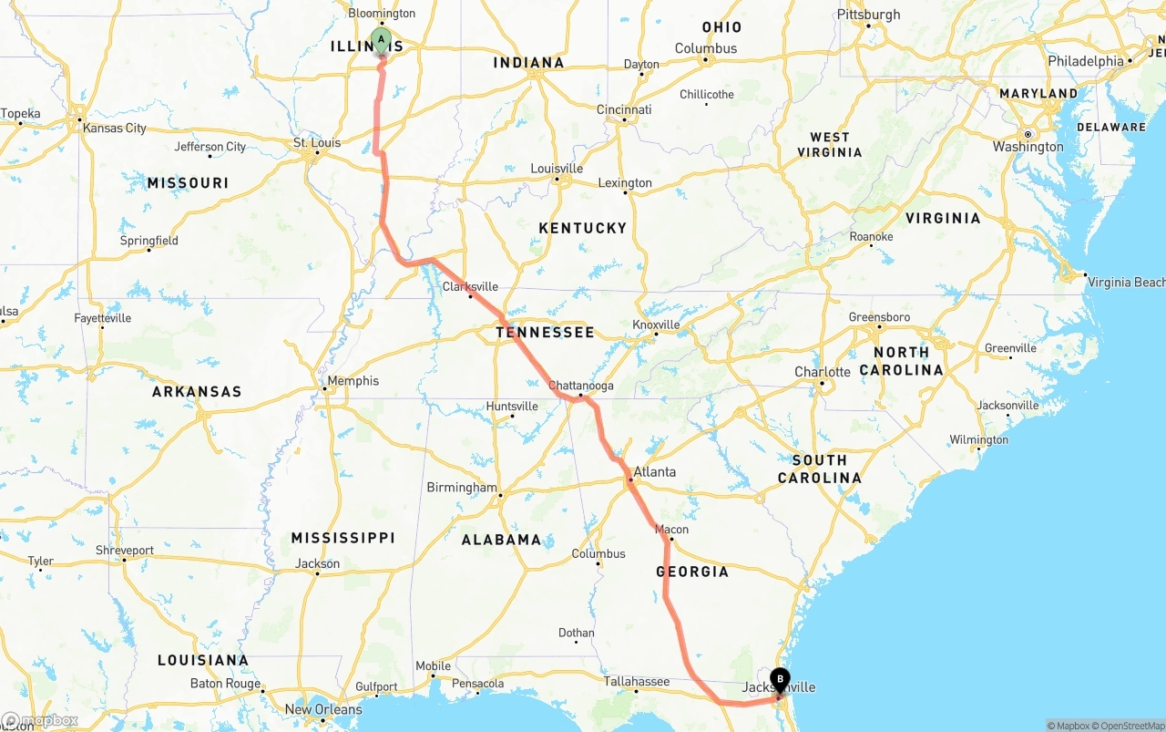 Shipping route from Illinois to Port of Jacksonville
