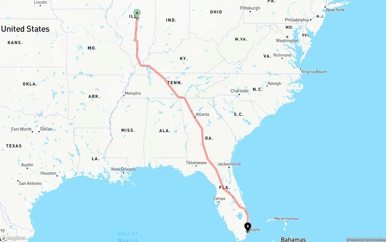 Shipping route from Illinois to Port of Miami